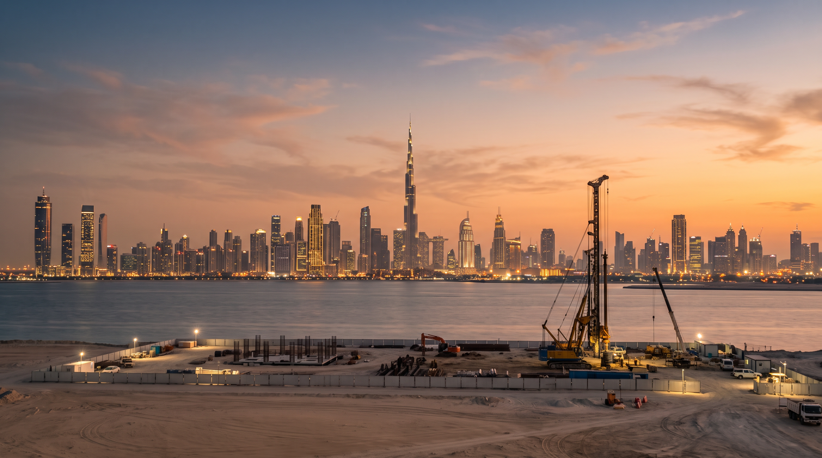 Dubai skyline above a foundation site